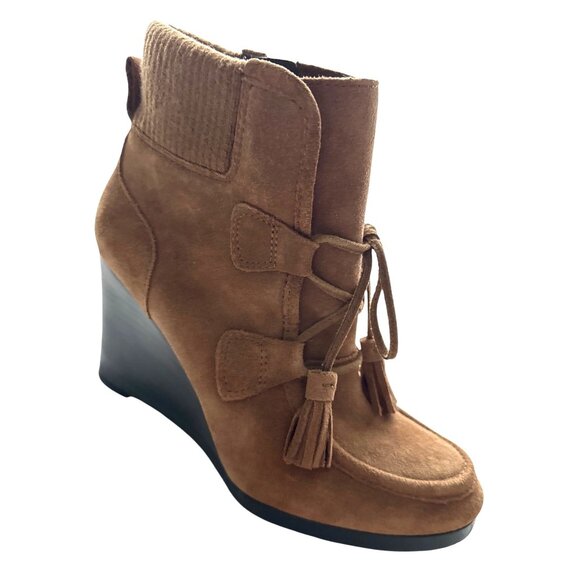 Franco Sarto Brown Wedge Lace Up Ankle Boots Westerly Suede Tassels Size 7 - Picture 1 of 7